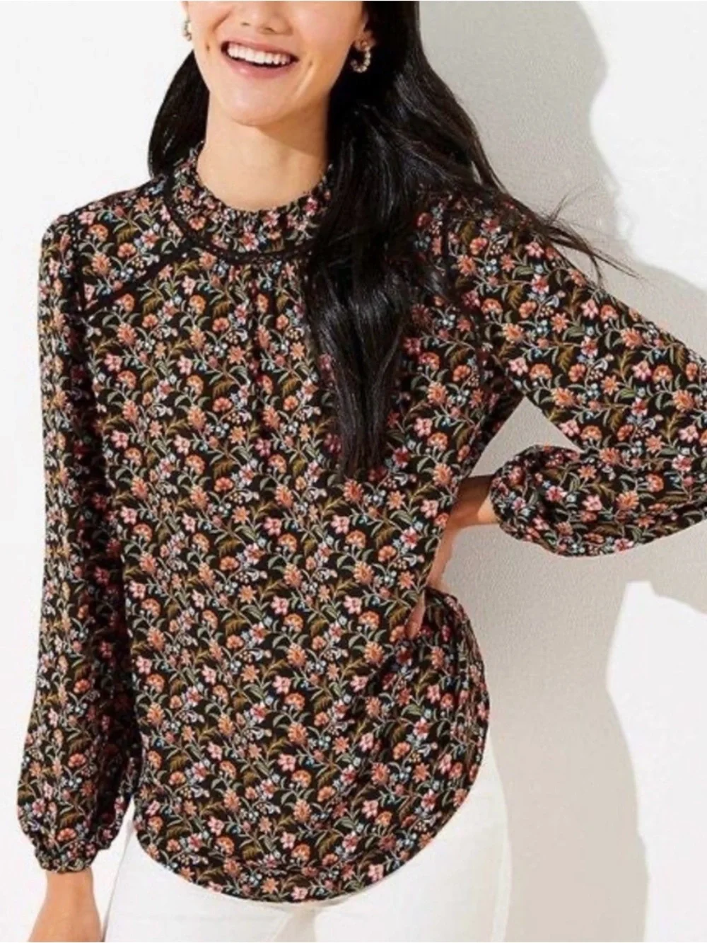 LOFT Black Floral Mock-Neck Blouse with Puff Sleeves